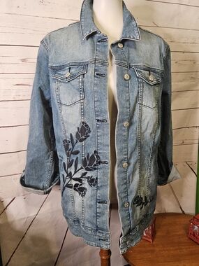 LuLaRoe Light Blue Denim Jacket with Black Floral Print